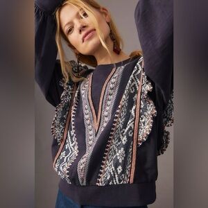 Anthropologie Navy Patterned Ruffle-Trim Pullover
